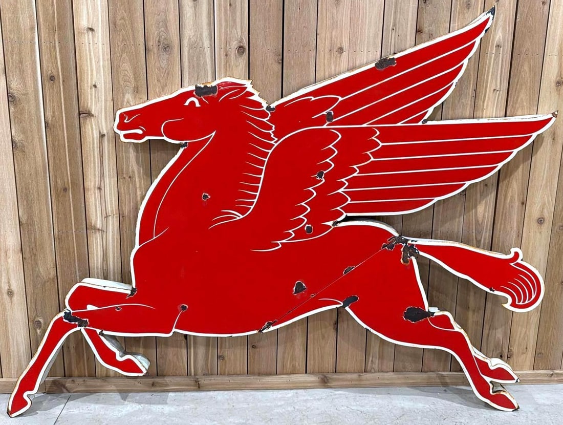 Mobil Pegasus Cookie-Cut Two-Piece Porcelain Sign (TAC): rated 8, 72"x108", the two-piece cookie-cutter sign has good color and gloss, has chips in the field, at seam and around the perimeter. Rarity 6. TAC #063807