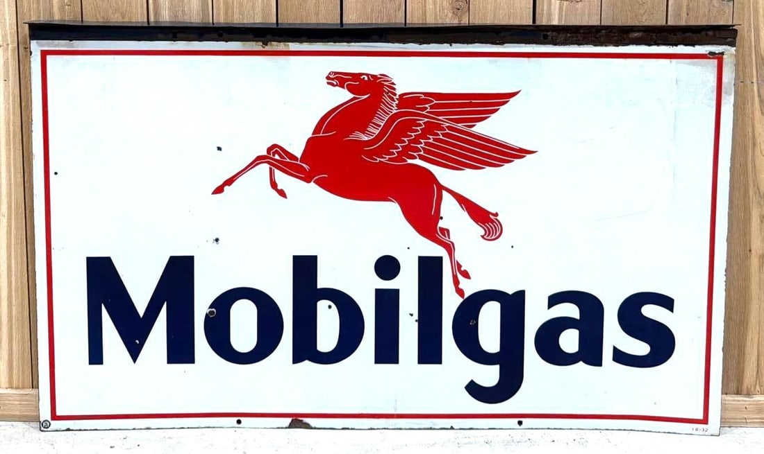 Mobilgas w/Pegasus Porcelain Sign (TAC): rated 8.5 & 8.25, 36"x60", the DSP sign has very good color and gloss, display has chips in the field, the reverse has more chips, marked I.R., dated 1932. Rarity 7. TAC #063809