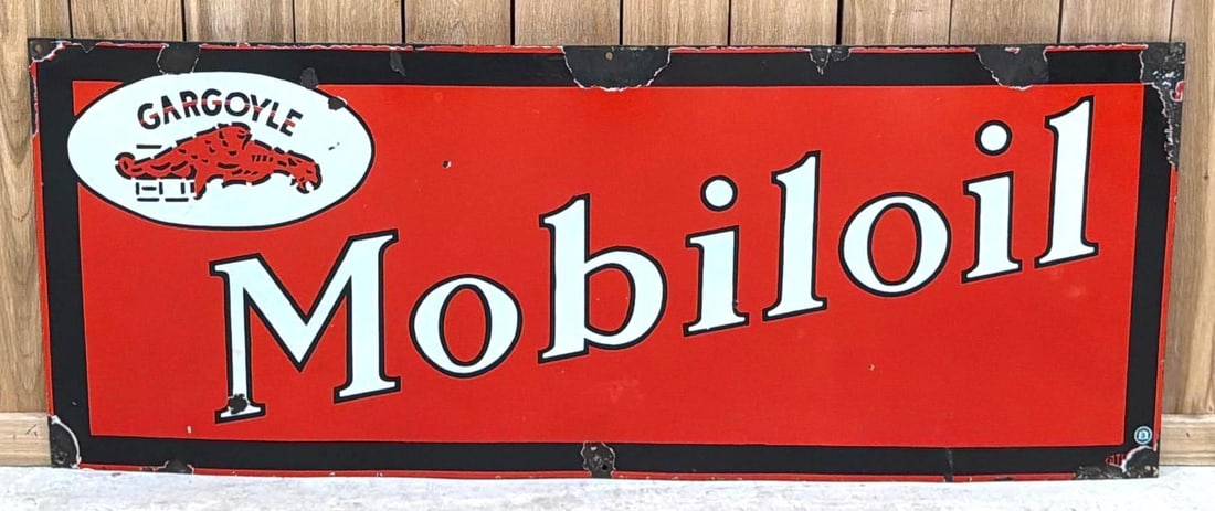 Mobiloil w/Gargoyle Logo Porcelain Sign (TAC): rated 8, 23.75"x59", the SSP sign has good color and gloss, has wear and small chips in the field, has chips around the perimeter. Rarity 8. TAC #063831