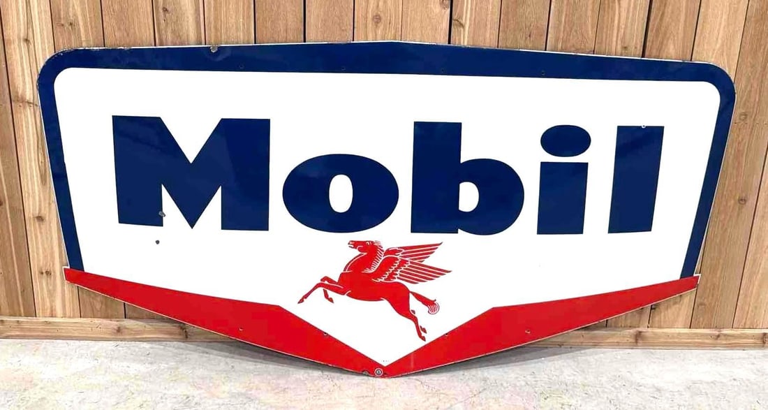 Mobil w/Small Pegasus Porcelain Guillotine Sign (TAC): rated 8.75, 41"x81", the SSP diecut sign has excellent color and gloss, has a few chips in the field, marked I.R., dated 1957. Rarity 3. TAC #063821