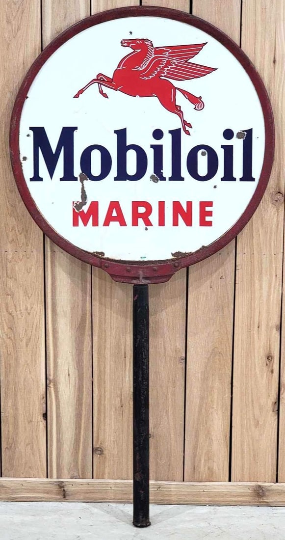 Mobiloil Marine w/Pegasus Porcelain Sign (TAC): rated 7.9, 30"D., the DSP sign has good color and gloss, has chips and light wear on both sides, chips along the bottom edge, mounted in curb ring and pole, no base. Rarity 6. TAC #032500