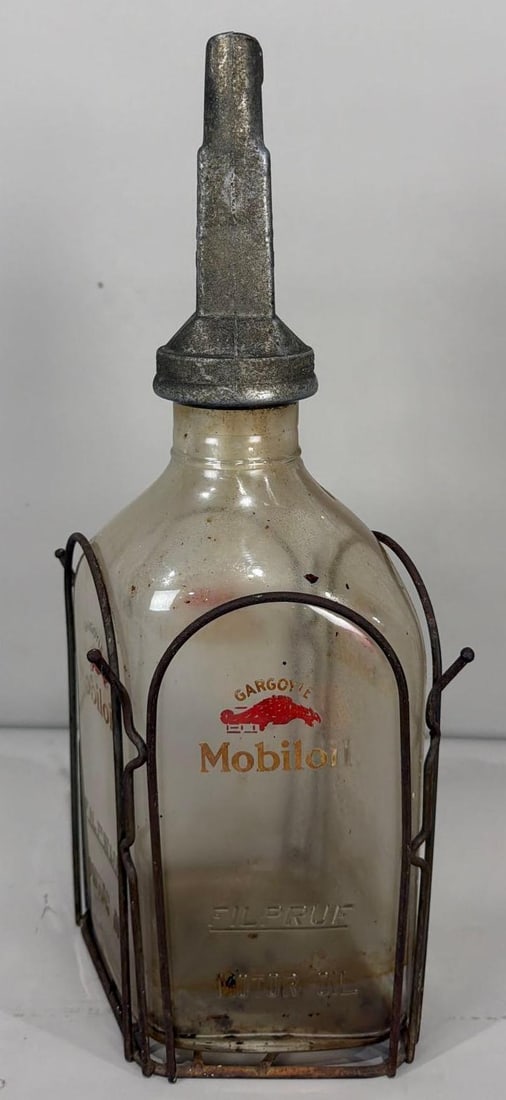Hard to Find Mobiloil Filpruf One Gallon Oil Bottle w/Metal Holder (1 of 3)
