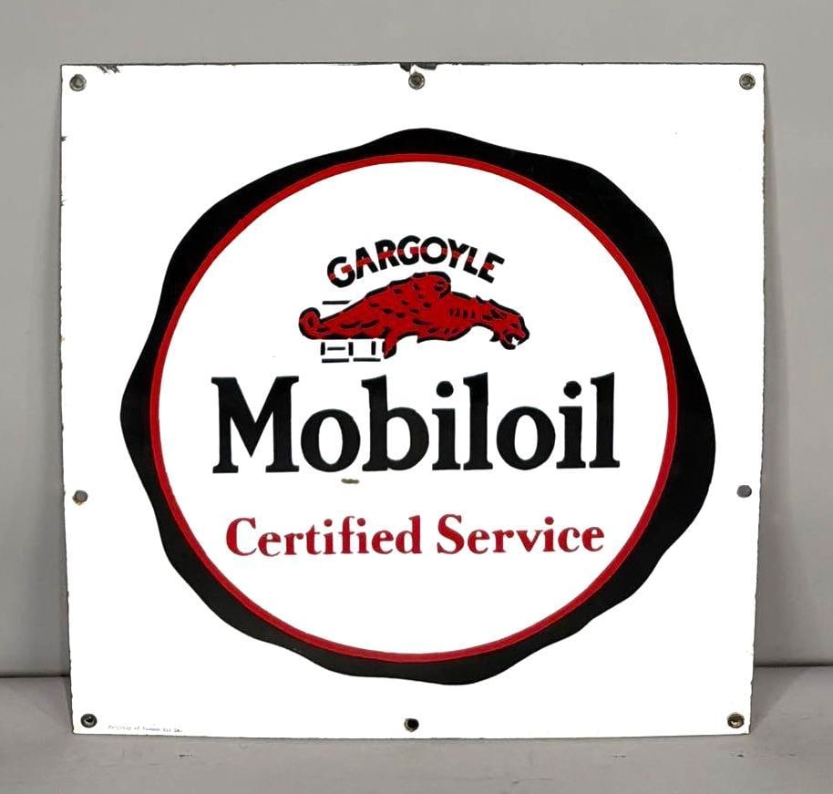 Mobiloil Gargoyle Certified Service Porcelain Sign (TAC): rated 8.9, 19,5"x19.5". This SSP sign has excellent color and gloss with a small chip in the field ( it looks like a factory mistake). Marked "Property of Vacuum Oil". Rarity 3. TAC #061566