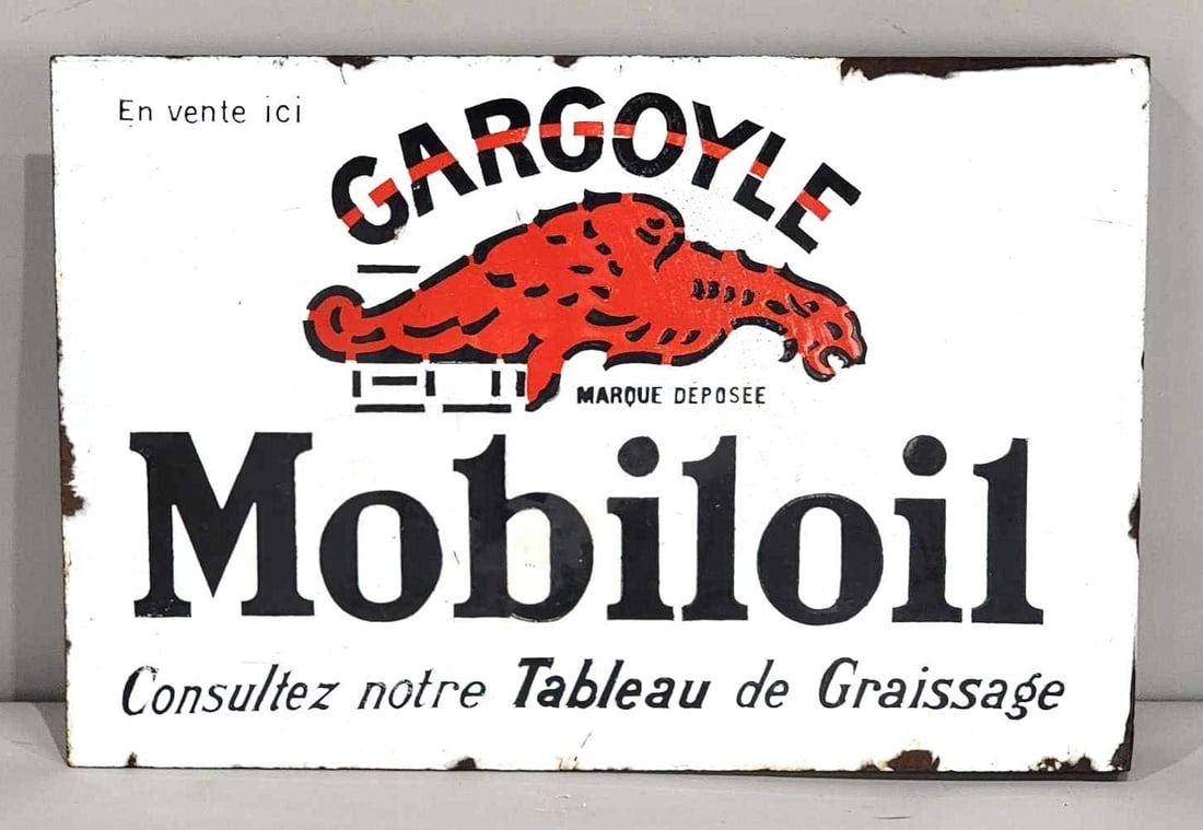 Mobiloil Gargoyle Porcelain Flange Sign (TAC): rated 8.25, 15.75"x23.75", the the porcelain flange sign has good color and gloss, display has wear, reverse has chips. Rarity 2. TAC #063272