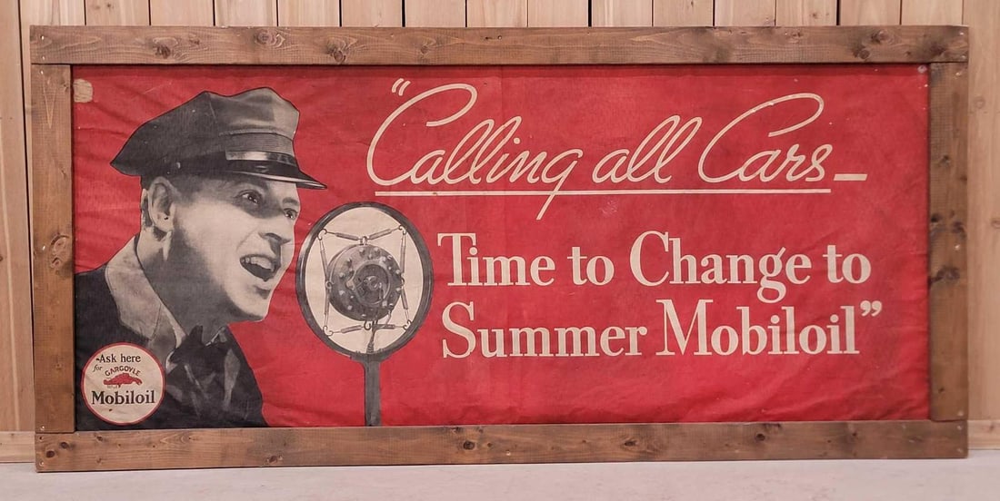 Mobiloil "Calling All Cars" Cloth Banner: rated 7.75, 39"x83", cloth banner has some wear and soiling has been mounted on board.