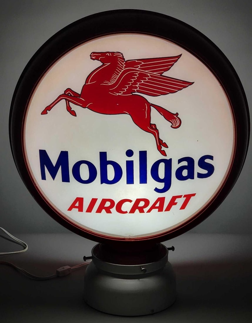 Mobilgas Aircraft w/Pegasus 16.5" Single Globe Lens (TAC): rated 9, the single 16.5"D., globe lens is in very good condition, mounted in a restored original HP metal globe body. Rarity 7. TAC #025216