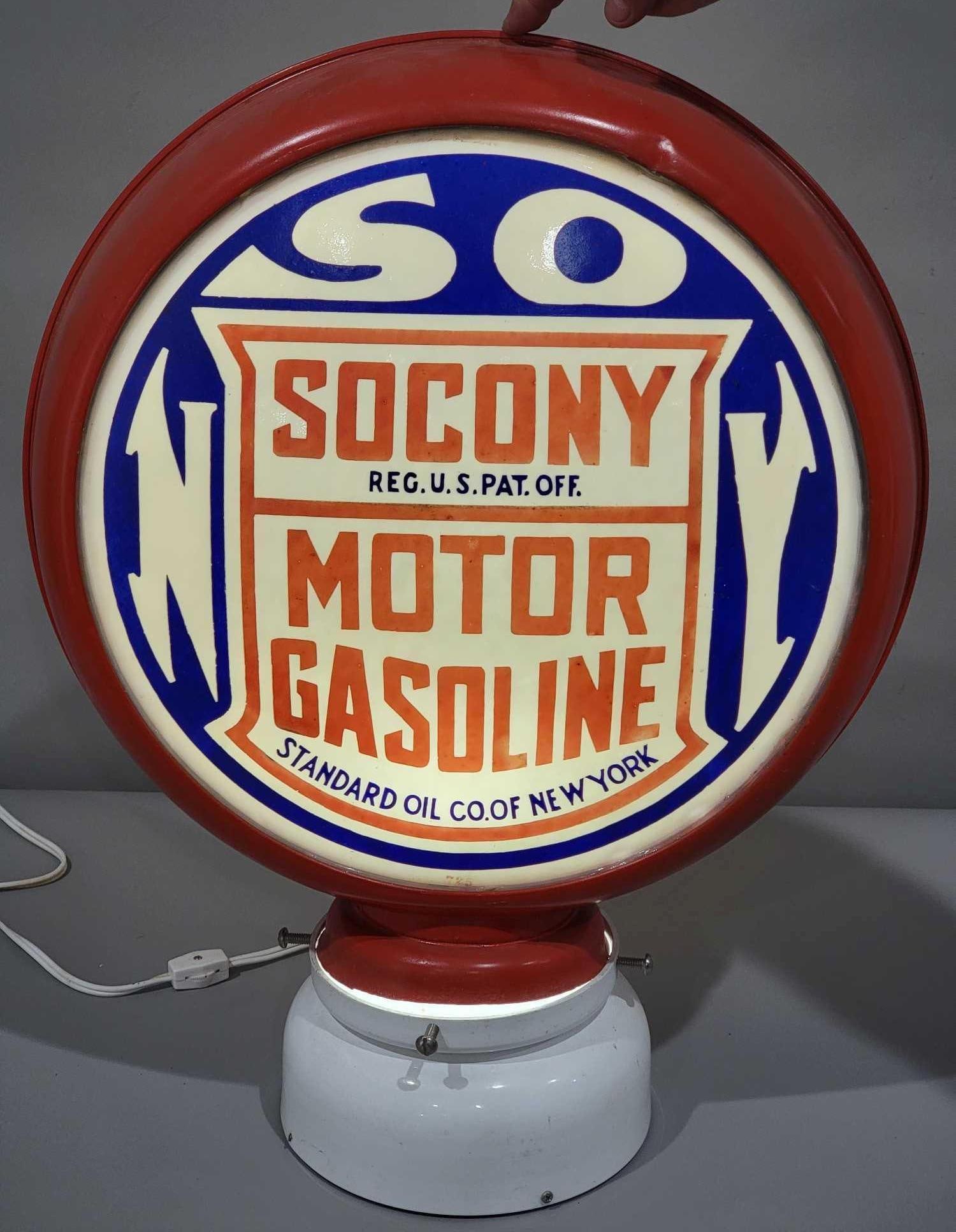 Socony Motor Gasoline Milk Glass Globe Lenses (TAC): rated 9.5, 15"D., both of the milk glass lenses are in excellent condition, their are numbered 1024 & 725, mounted in an original HP metal globe body, they are silicon in. TAC #025223