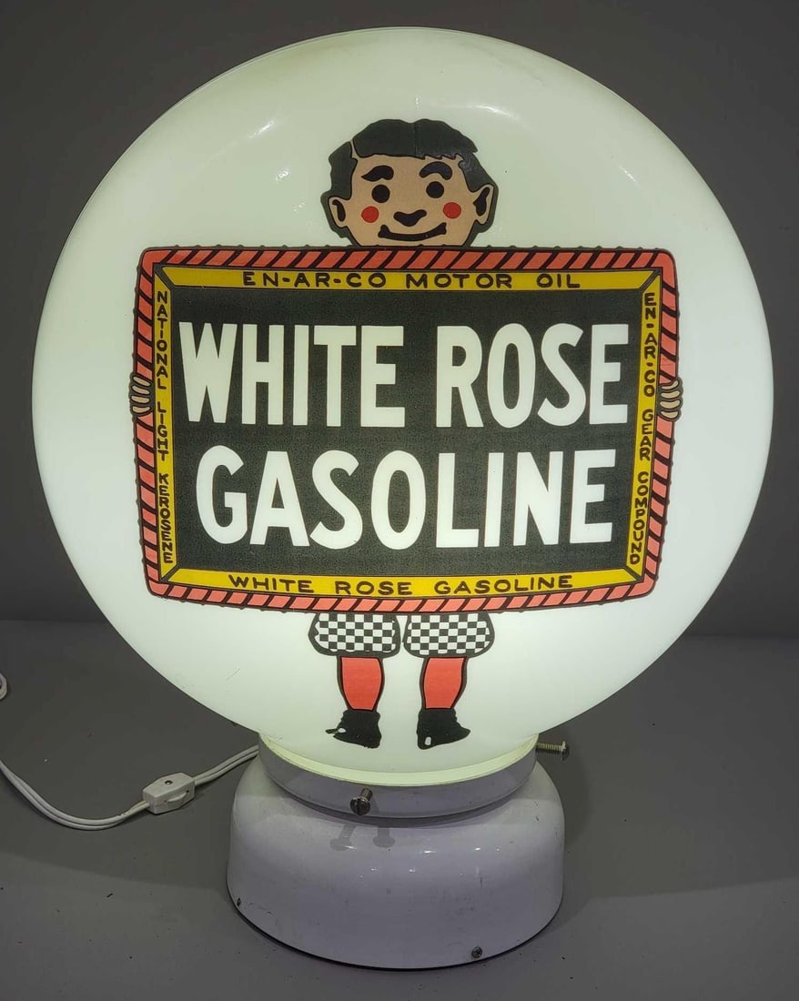 White Rose Gasoline w/Boy & Slate Logo OPB Milk Glass Globe (TAC): rated 9.5, 16.5"T, the OPB (one-piece baked) milk glass globe is in excellent condition. TAC #025241