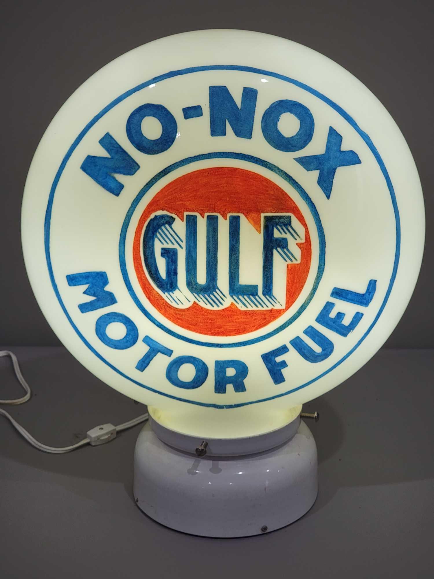 Gulf No-Nox Motor Fuel OPE Milk Glass Globe (TAC): rated 9, 16.5"T., the OPE (one-piece etched) milk glass globe body, if it's a repaint it's damn good, body is good. TAC #025278
