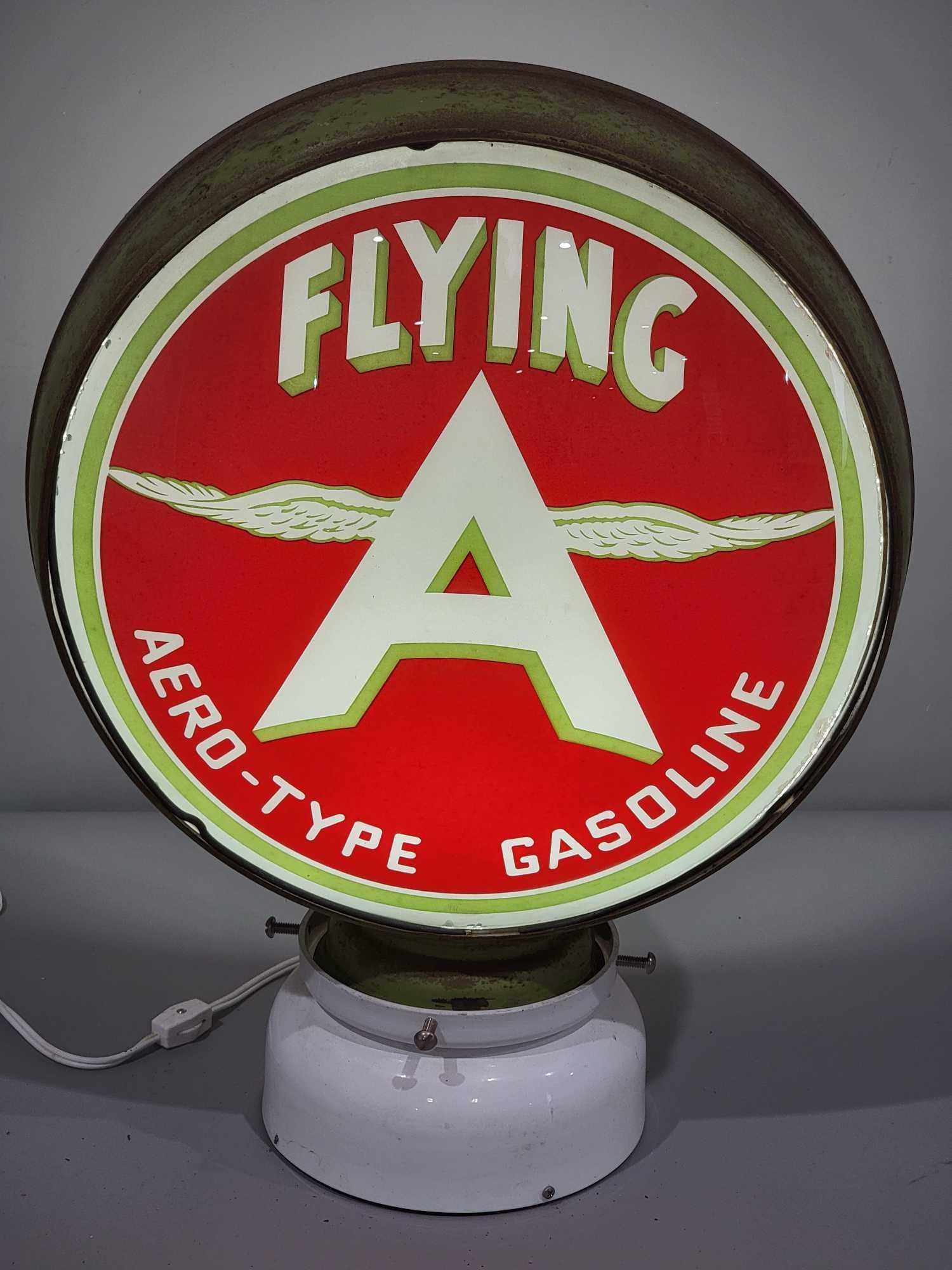 Flying A w/Chicken Wing Logo 15" Globe Lens (TAC): rated 8.75, the 15"D., single globe lens has excellent color, has tiny paint chips around the perimeter, largest one is at 4 o'clock, mounted in an original color Associated LP metal globe body. TAC