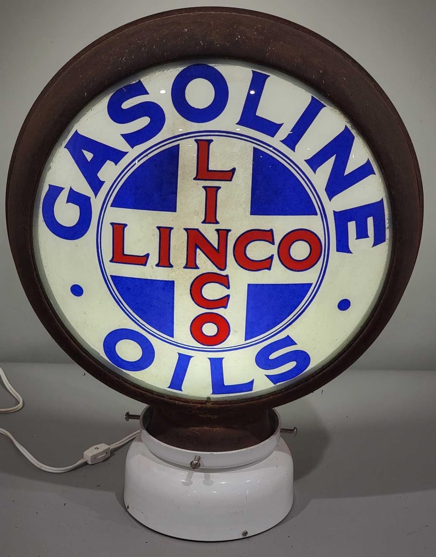 Linco Gasoline Oils 15" Globe Lens (TAC): rated 9.5, 15"D., the single globe lens is in excellent condition, mounted in an original rusty HP metal globe body. TAC #025256