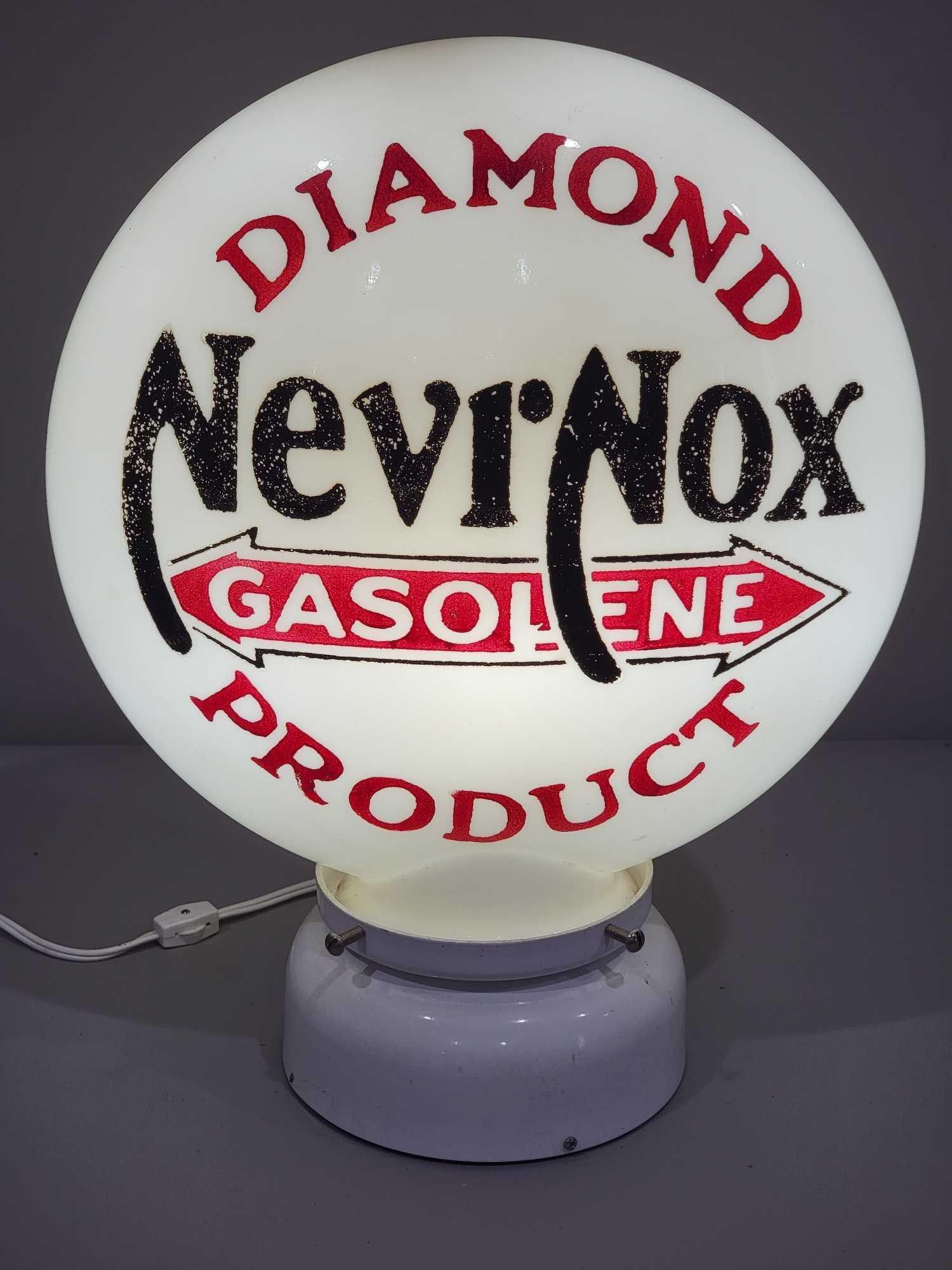 Diamond NevrNox Gasolene Product OPE Milk Glass Globe (TAC): rated 9, 16.5"T., the OPE milk glass globe body, has minor paint wear, has small chips in the base. TAC #025305