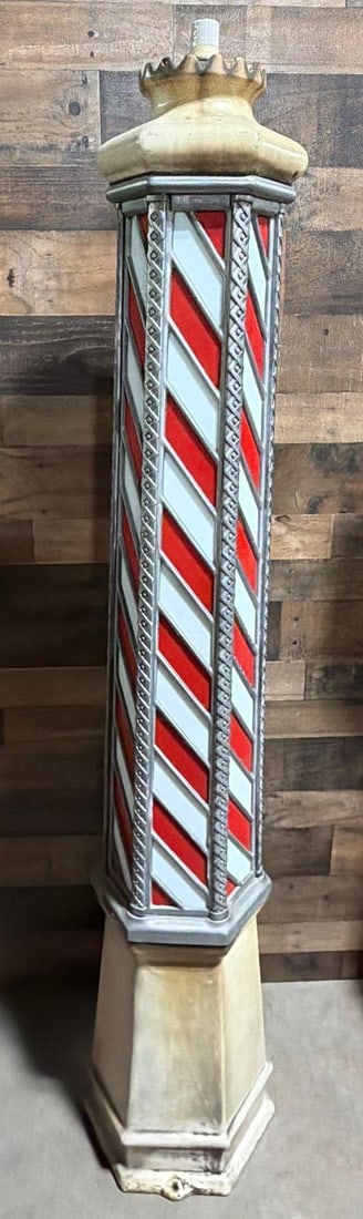 Stained Glass Floor Model Barber Pole: 76"T., the white porcelain is stained, the stained glass is all in good condition.