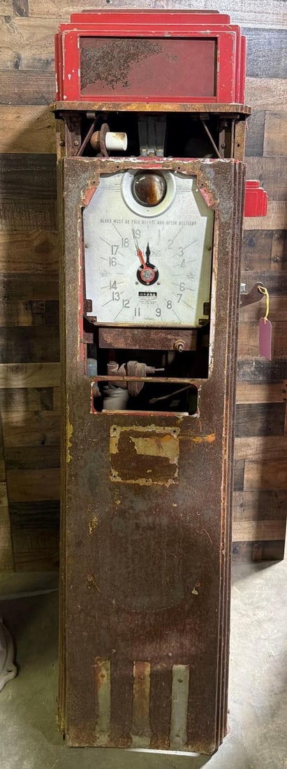 Tokheim Model #36B Clock-Face Gas Pump: the gas pump is an old over paint, one door is rusty, pump is missing, faces have soling, no glass bezels, missing chrome pieces.