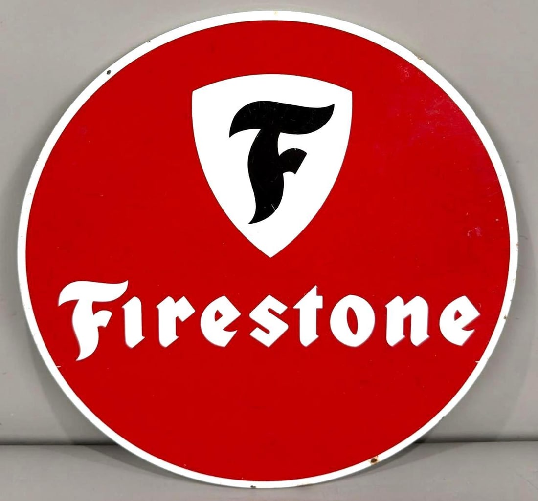 Firestone (tire) w/Logo Porcelain Sign (TAC): rated 8.9, 13.75"D., the SSP rolled edge sign has good color and gloss, has wear, mounting loops on back. TAC #063643