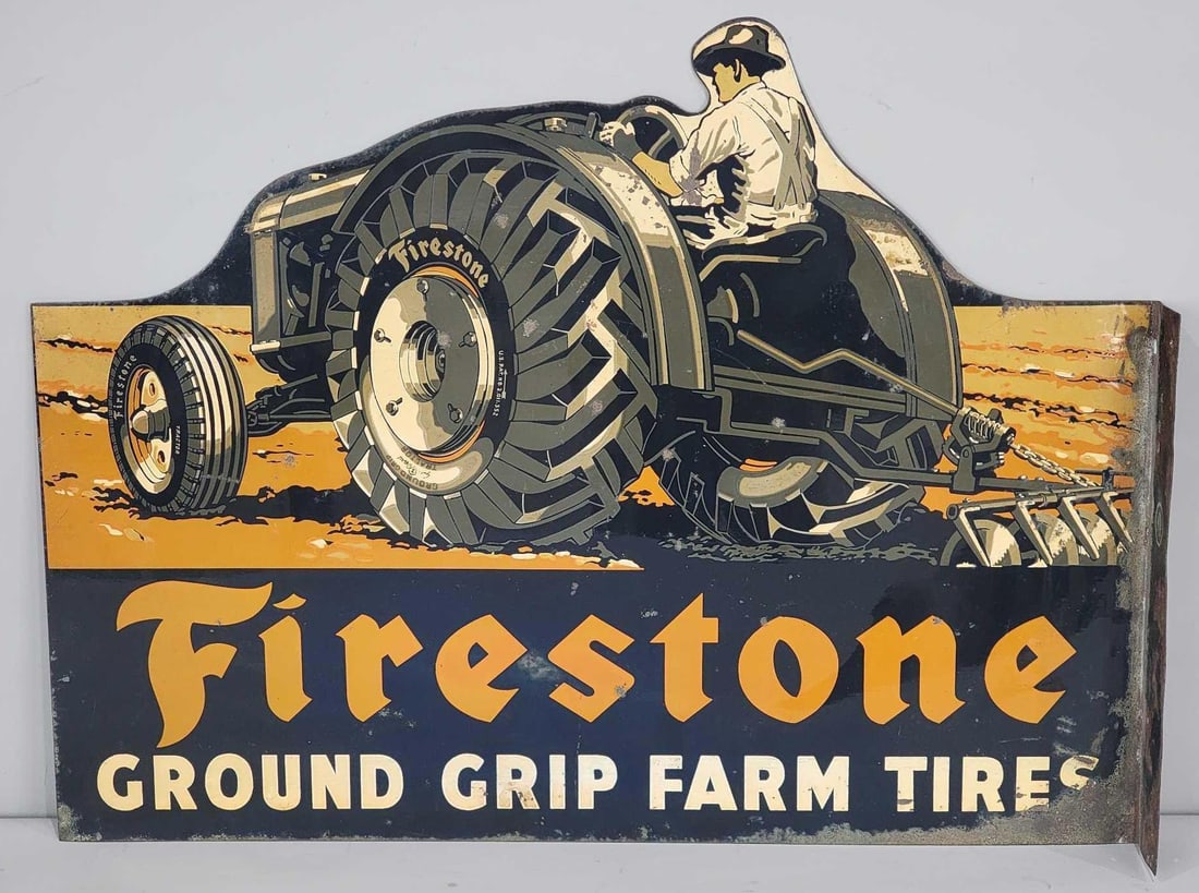 Rare Firestone Ground Grip Farm Tires w/Ford Tractor Metal Flange Sign (TAC): rated 7.75, 18"x24", the die-cut metal flange sign has good color and shine, has rust spots in both fields, has paint loss around the perimeter and on the flange. Rarity 8. TAC #063188