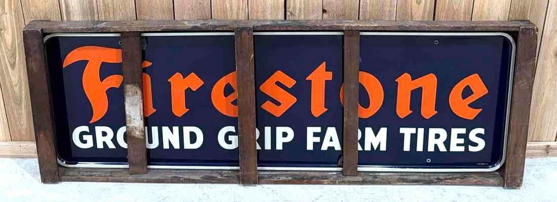 Firestone Ground Grip Farm Tires Metal Sign New in the Crate (TAC): rated 9, 24"x72", the SST self-framed sign has excellent color and shine, nice, has one tiny fine scratch in the lower right-hand corner, marked Beach, dated 1941. Rarity 5. TAC #063677