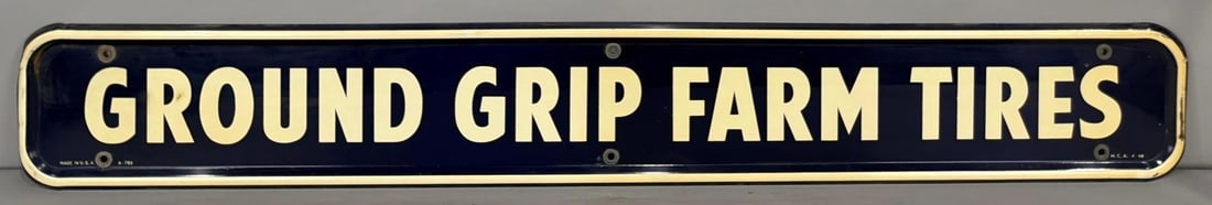 (Firestone) Ground Grip Farm Tires Metal Sign (TAC): rated 9, 9"x64.5", the SST self-framed sign has very good color and shine, marked MCA, dated 1948. Rarity 6. TAC #063763