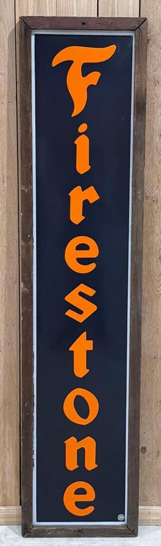 Firestone (tires) Porcelain Vertical Sign (TAC): rated 9c, 74"x17", the SSP vertical sign has excellent color and gloss, has tiny chip in the field, original wood frame. Rarity 5. TAC #063829