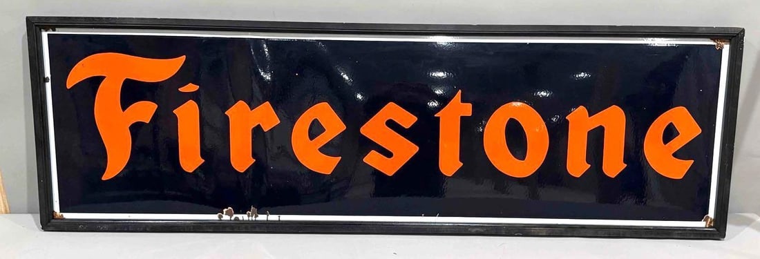 Firestone Porcelain Sign: Rated 8.9+. 20.5" x 74.5". This SSP sign has strong color and gloss with minor areas of oxidation in the background of the lettering, as well as, minor flea pin point sized porcelain chips in the fiel