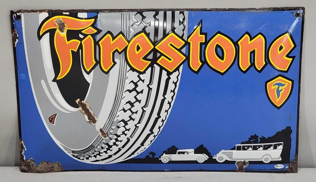 Firestone w/Logo & Vehicles Porcelain Sign (TAC): rated 8.25, 13"x21.5", the SSP pillow sign has good color and gloss, has large chip in the field, chips around the perimeter, marked. Rarity 7. TAC #032441
