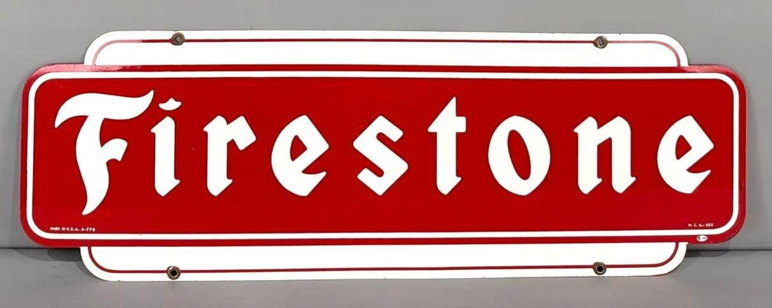 Firestone (tires) Metal Sign (TAC): rated 9.25 & 9, 16"x48", the DST diecut sign has excellent color and shine, fields are clean, very minor edge wear, reverse has factory flaws, marked M.C.A. Rarity 4. TAC #036918