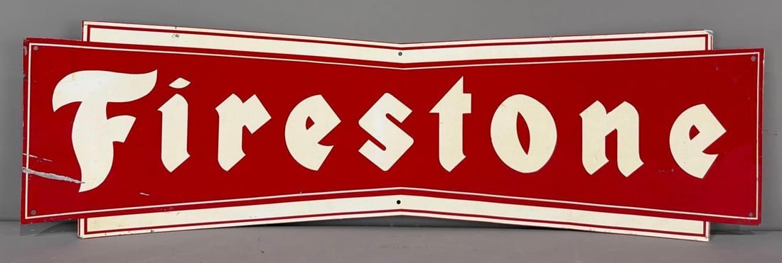 Firestone (tires) Metal Sign (TAC): rated 8, 10"x34", the SST diecut sign has good color and shine, has fine scratches and wear. TAC #063649