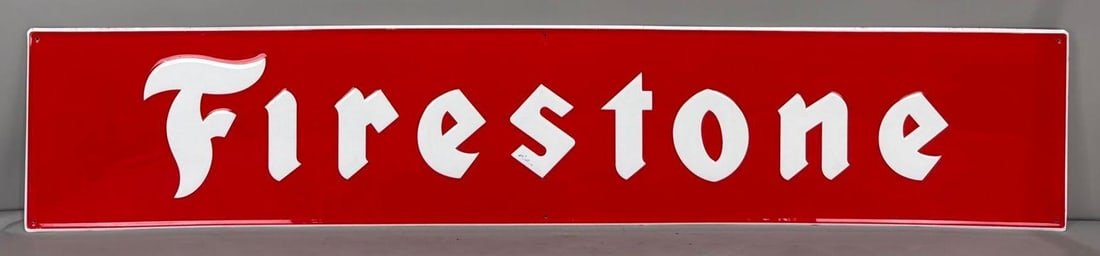 Firestone Metal Sign (TAC): rated 8.9, 14"x71.75", the SST sign has good color and shine, has light wear. Rarity 1. TAC #063804