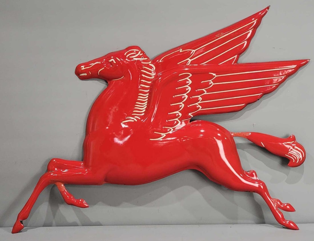 (Mobil) Pegasus Embossed Porcelain Sign (TAC): rated 8.75, 36"x48", the SSP embossed die-cut sign has excellent color and gloss, field is clean, has touched up chips at the base of the tail, front and rear knees, couple other small touched up chip