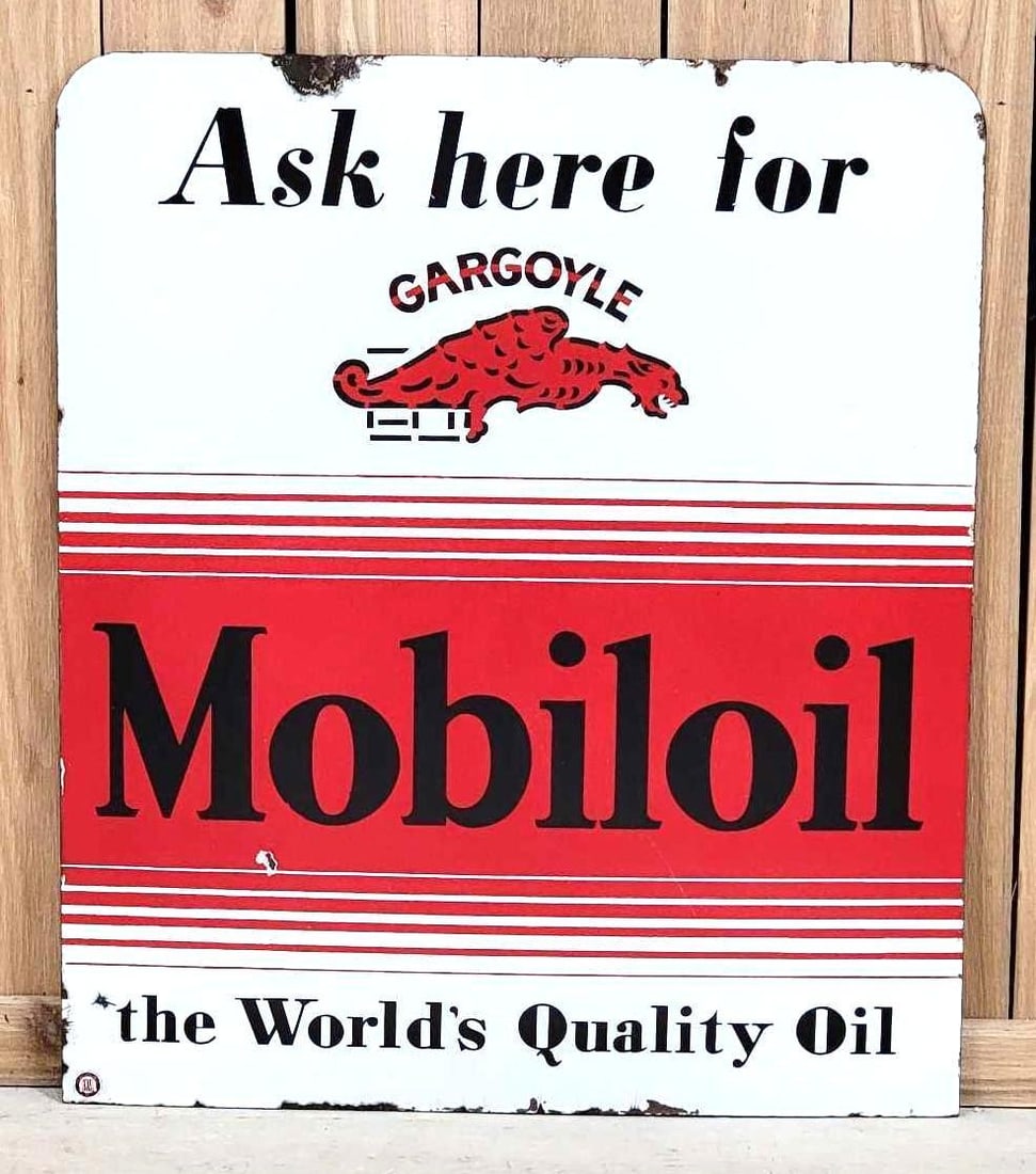 Ask Here for Mobiloil w/Gargoyle & Lines Porcelain Sign (TAC) (1 of 2)