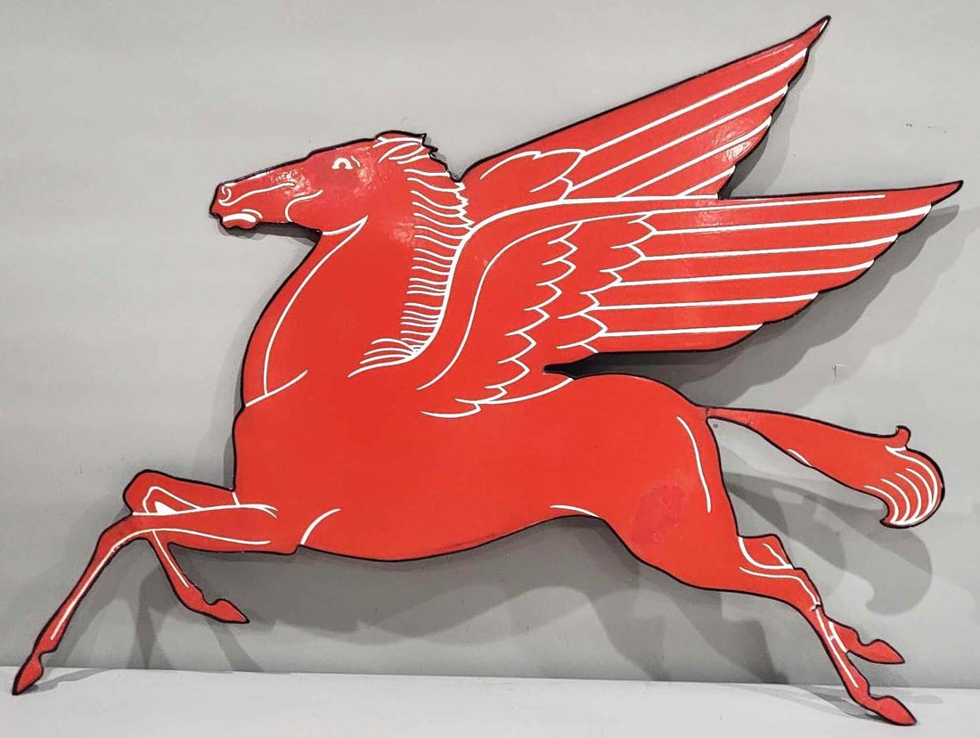 (Mobil) Pegasus Porcelain Flat Sign (TAC): rated 8.25, 36"x48", the SSP die-cut sign has excellent color and gloss, has touched up chips at the eye, hind quarter, base of the tail, front and back knees. Rarity 5. TAC #063333