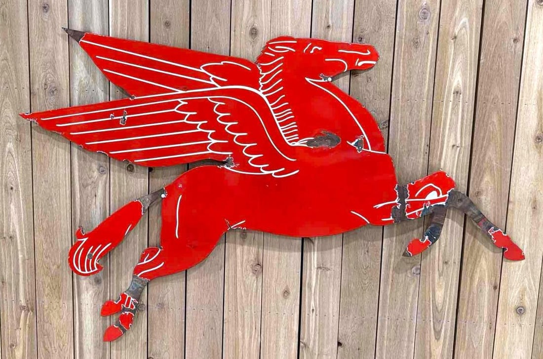 Flat Mobil Pegasus Porcelain Sign (TAC): rated 7, 48"x74", the SSP diecut flat sign, has good color and gloss, has large chips in the field, chips at the base of the tail, legs and more. Rarity 6. TAC #063806