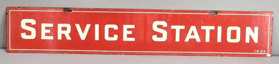 (Mobil) Service Station Porcelain Sign (TAC): rated 8.5, 8"x46", the DSP sign has good color and gloss, has wear, chips around the perimeter, this sign hangs under the Mobilgas ID Shields, marked I.R., dated 1934. Rarity 6. TAC #032468