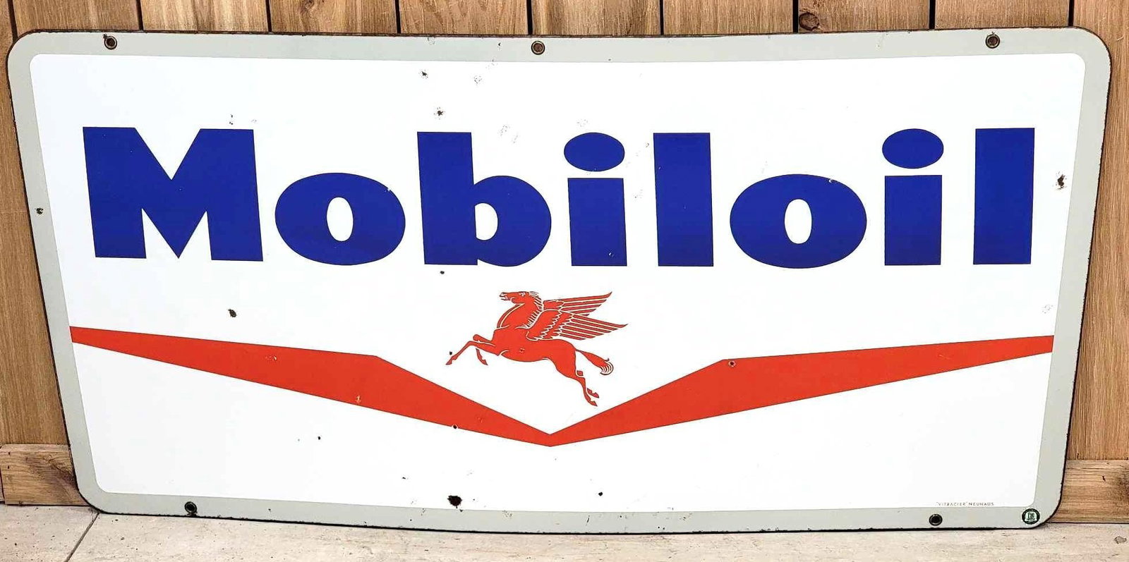 48" Mobiloil w/Small Pegasus Porcelain Sign (TAC): rated 8.25, 22.5"x46", the SSP sign has very good color and gloss, has small chips and bruises in the field, marked Neuhaus. TAC #063229