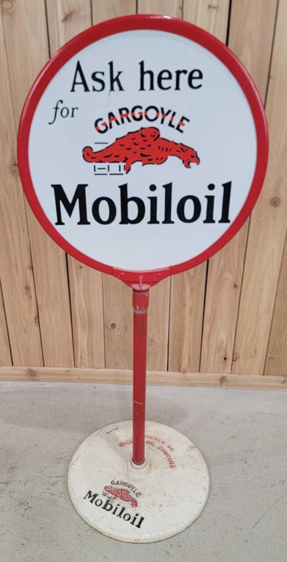 Ask here for Gargoyle Mobiloil Porcelain Curb Sign (TAC): rated 8.75, 22"D., the DSP sign has good color and gloss has a few small touched up chips on both sides, mounted on an original cast iron Mobiloil base. Rarity 2. TAC #063270