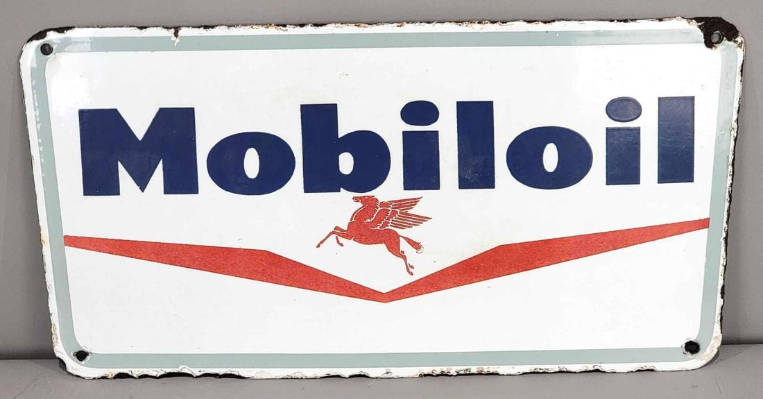 Mobiloil w/Small Pegasus Porcelain Sign (TAC): rated 8.9, 5"x10", the SSP diecut sign has good color and gloss, field is clean, has chips around the perimeter. TAC #036258