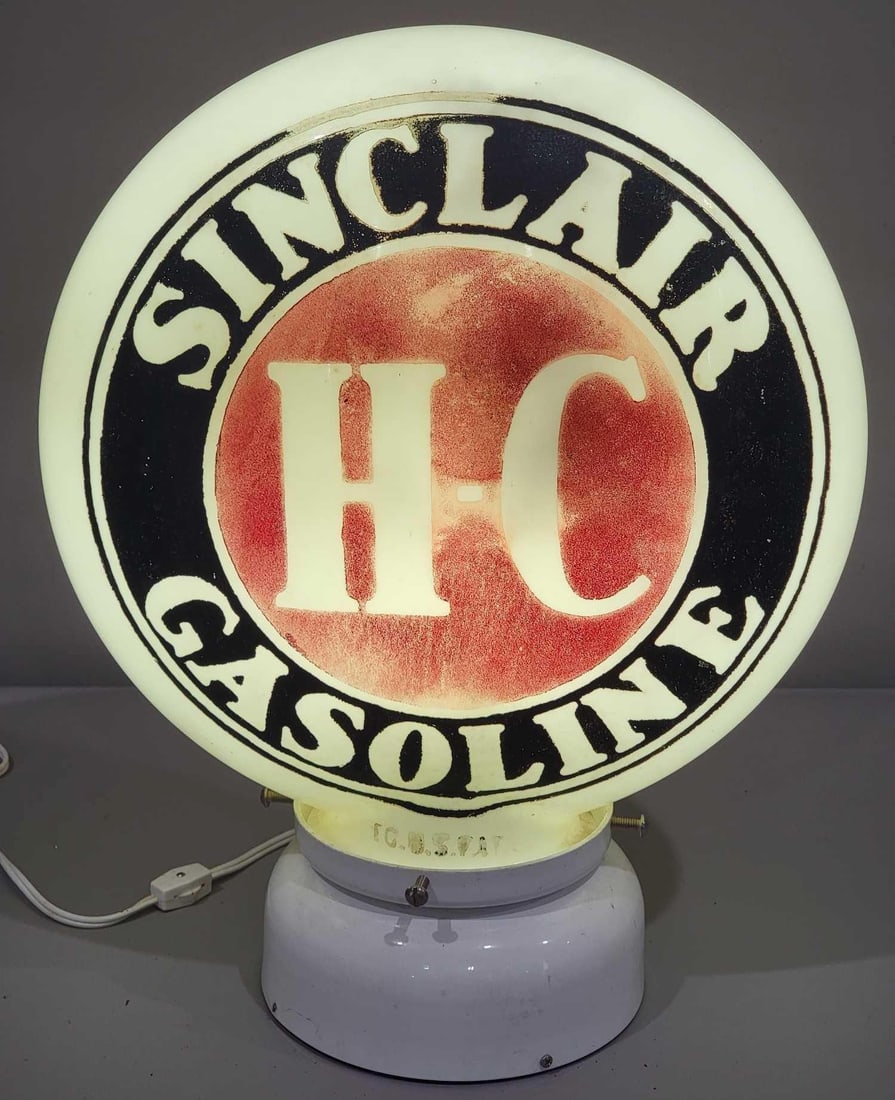 Sinclair H-C Gasoline OPE Milk Glass Globe (TAC): rated 8.5, 16.5"D., the OPE (one-piece etched) milk glass globe, paint has wear, body is good, has small chip on the base. TAC #025245