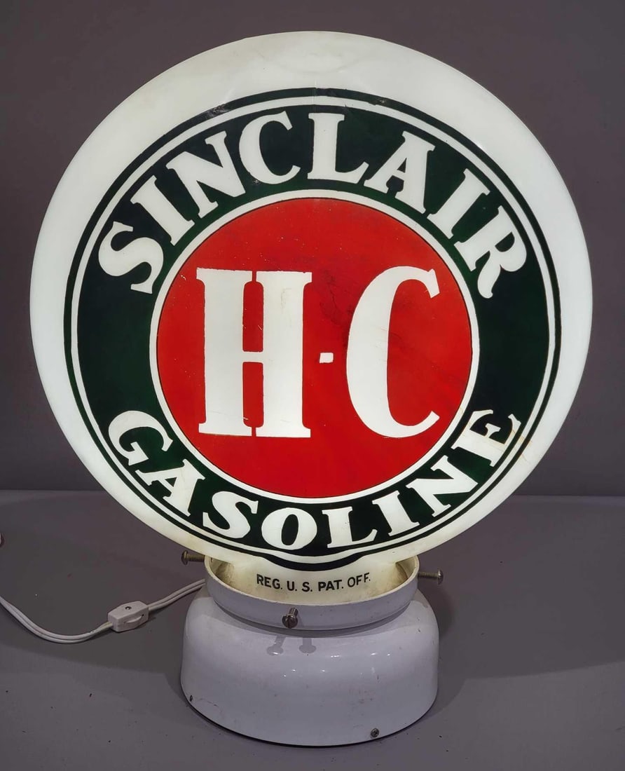 Sinclair H-C Gasoline OPB Milk Glass Globe (TAC): rated 8, 16.5"T., the OPB (one-piece baked) milk glass globe, has good color, has staining on both sides, chip on the base. TAC #025246