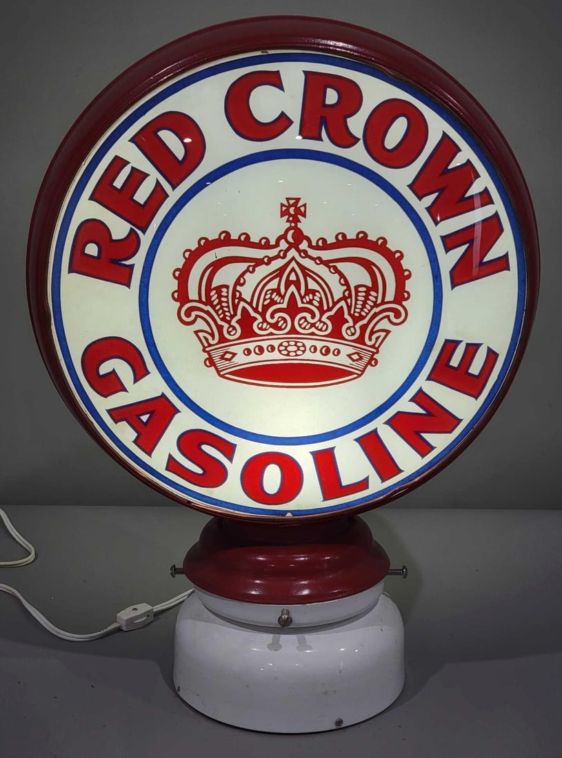Red Crown Gasoline w/Crown Logo 15"D. Globe Lens (TAC): rated 9.5, the 15"D., single globe lens is in excellent condition, mounted in an original LP metal globe body. the body has an seven inch base. TAC #025251
