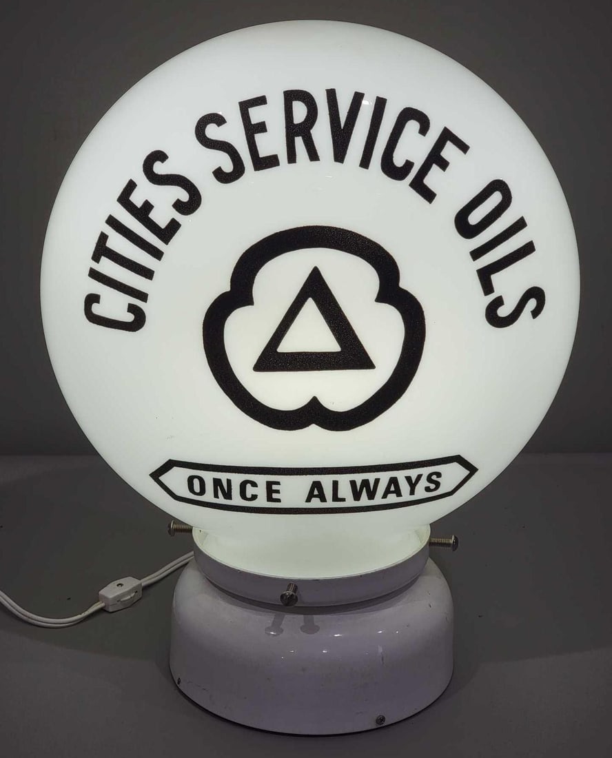 Rare Size Cities Service Oils Once-Always OPE Milk Glass Globe (TAC): rated 9.5, the OPE (one-piece etched) milk glass globe is in excellent condition, base is good. TAC #025283
