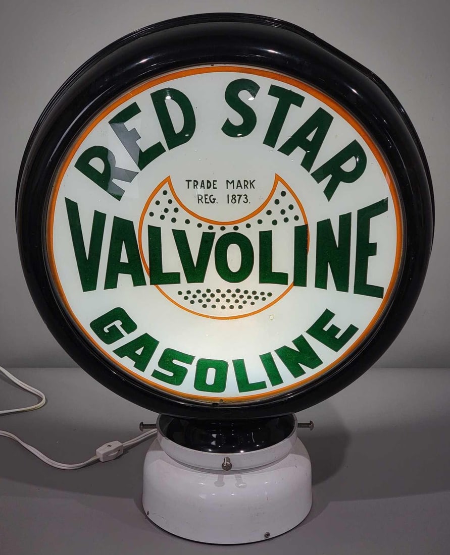 Red Star Valvoline Gasoline 15" Single Globe Lens (TAC): rated 8.9, the single 15"D., globe lens is in good condition, has one tiny spot in the lower center field, mounted in a new HP metal globe body. TAC #025218