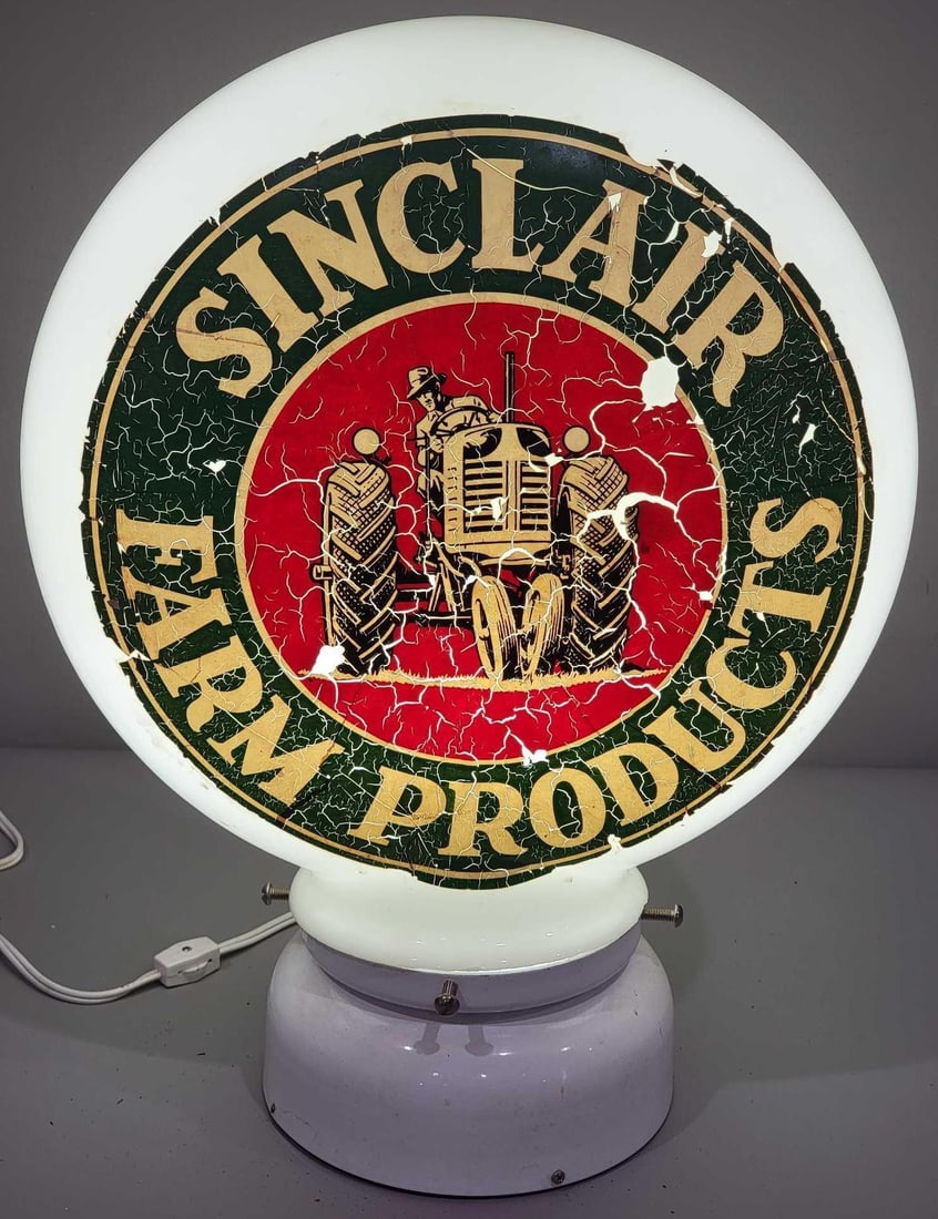 Farm Products OPE w/Sinclair Decal Milk Glass Globe (TAC): rated 9.5, 16.5"T., the OPE (one-piece etched) milk glass globe on one side, reverse has a Sinclair Farm Products decal that is cracking and coming a part, body is in good condition, base measures 7