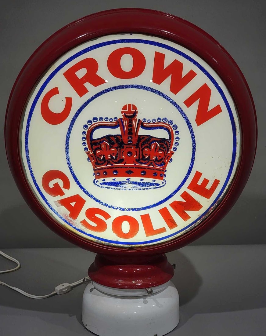 Crown Gasoline w/Crown Image 16.5" Globe Lenses (TAC): rated 7.5 & 6, has two 16.5"D. globe lenses, display has wear and paint loss in the lower field and edge, reverse has the same plus a "BB" hit in the field, mounted in an original HP metal globe body
