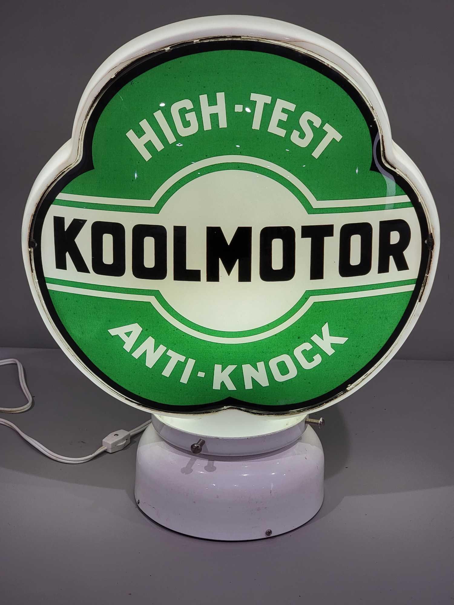 Koolmotor High-Test Anti-Knock Clover-Shaped Globe Lenses (TAC): lenses are rated 9 and in very good condition, the milk glass clover-shaped body has a long crack. Lenses are caulked in. We will not guarantee this item if it is shipped. TAC #025287