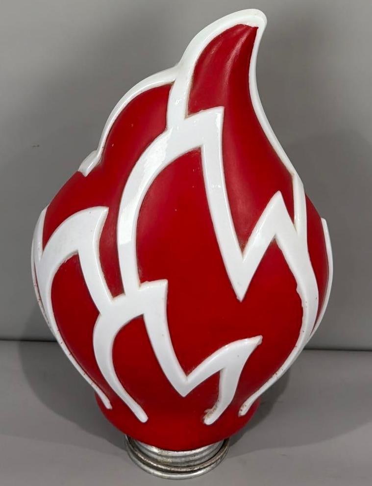 (Standard Oil) OPC Flame Milk Glass Globe: rated 8.5, 20.5"T., the OPC milk glass flame globe has paint wear at the top and back side, no chips or brakes, has metal ring. 