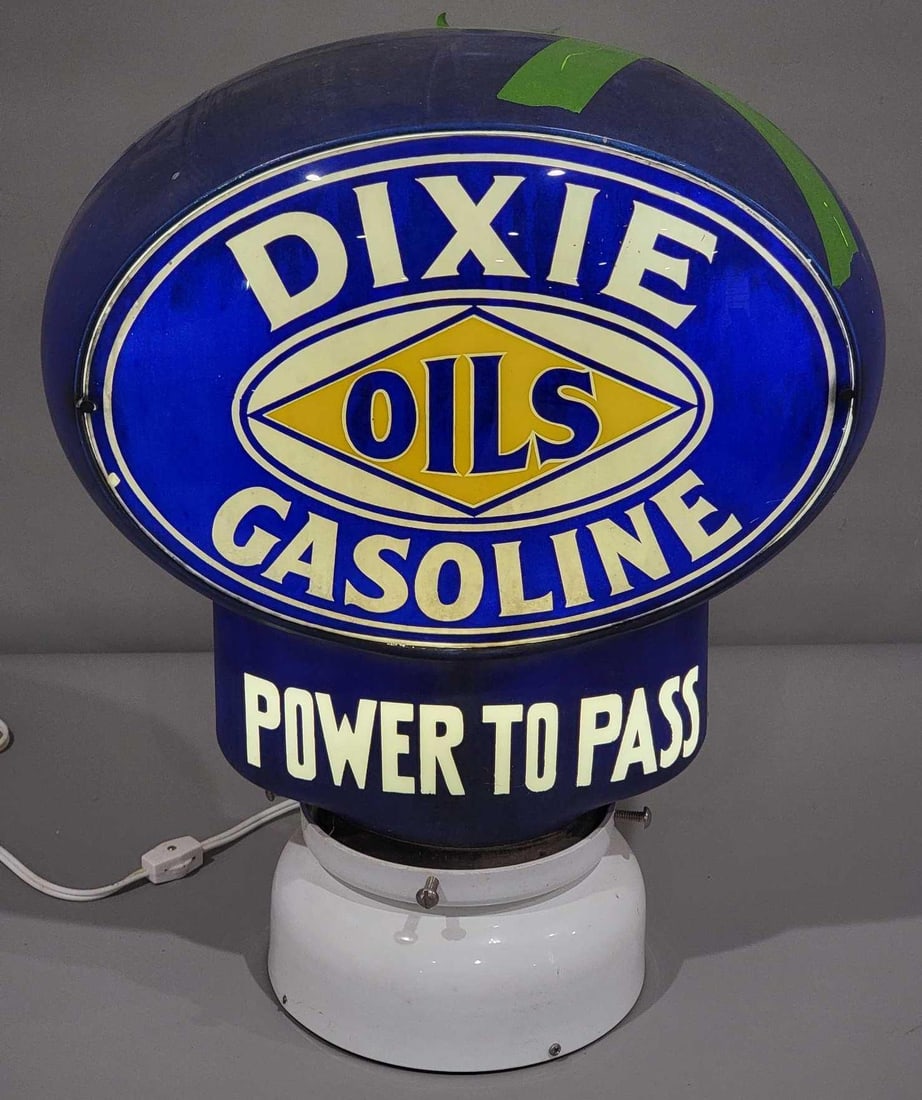 Dixie Oils Gasoline "Power to Pass" Milk Glass Keyhole Globe: rated 5, 16"T., both of the oval lenses are in good condition, the body has crack and piece missing out of the top, see photos. We will not guarantee this item if it is shipped. 
