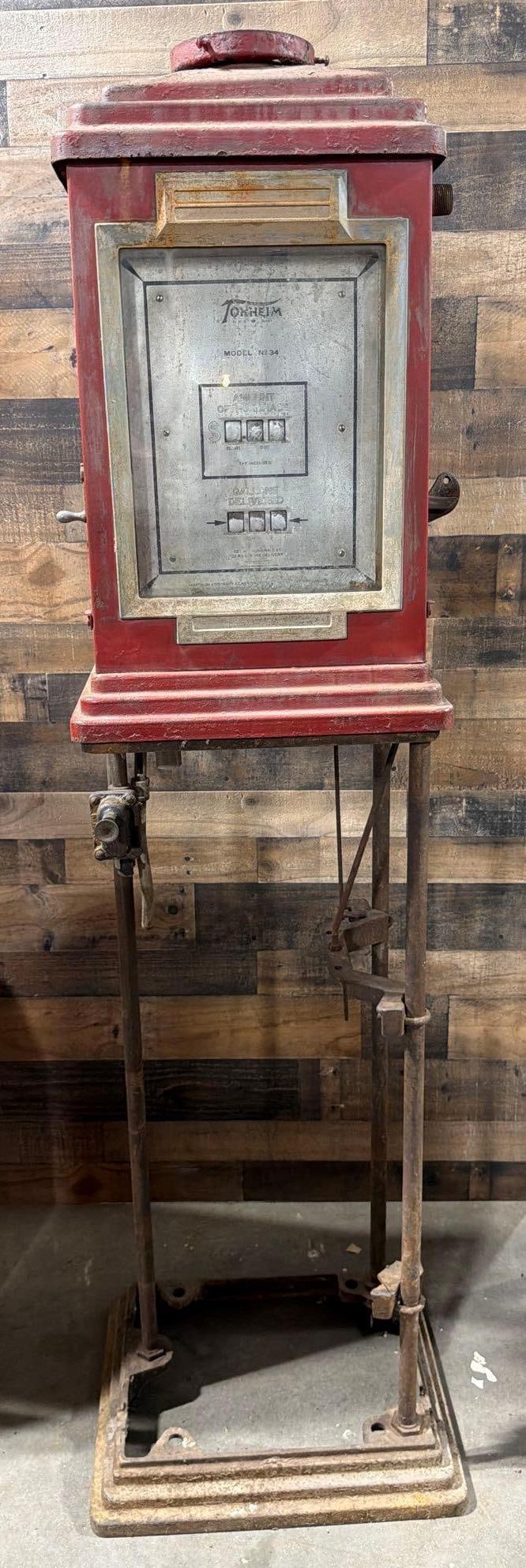 Tokheim Model #34 Computing Gas Pump: in as found original condition, faces have wear and soiling, is missing it's pump and lower skins.
