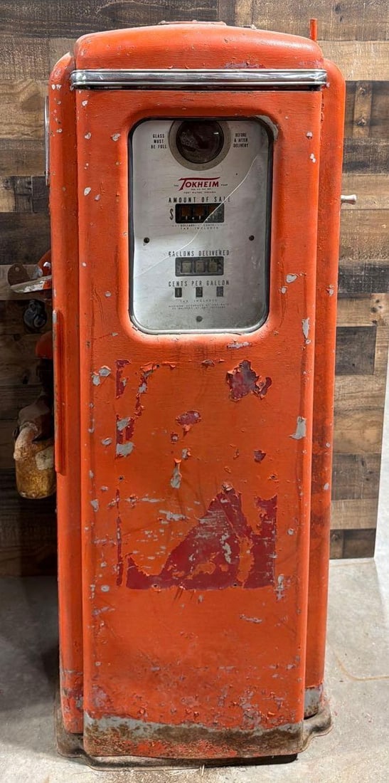 Tokheim Model #39A Computing Gas Pump: in as found condition, old repaint, rust around the base, dent in one side panel, has pump.