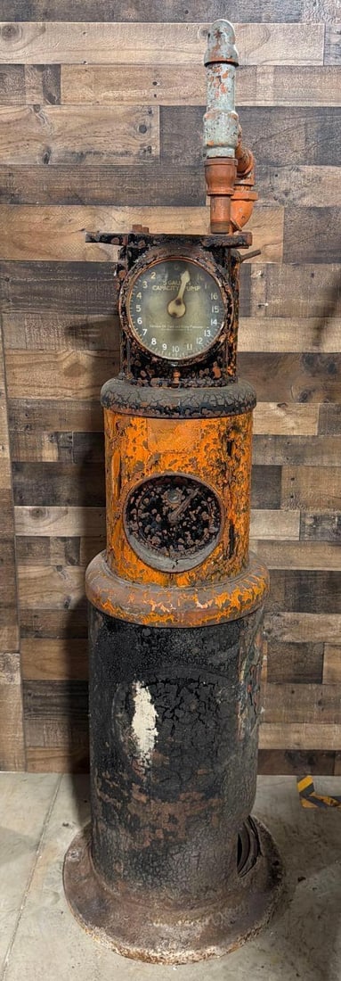 Tokheim Model #326 Clock-Face Gas Pump: the gas pump is in as found condition, appears to be complete except of the the top cap, paint has an unusual appearance, has an original Tydol Veedol decal on the side.