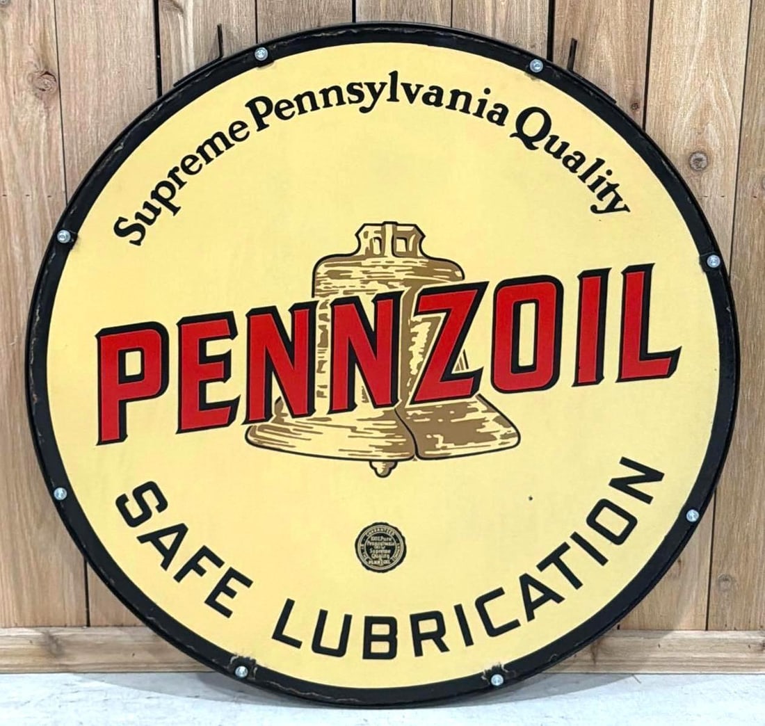 "EXCEPTIONAL!" 42" Pennzoil Safe Lubrication w/Brown Bell Logo Porcelain Sign (TAC): rated 9c, 41.5"D., the DSP sign has excellent color and gloss, display has a tiny chip in the outer field, reverse has a few, has minor chips at some of the mounting holes. AN EXTREMELY HARD TO FIND
